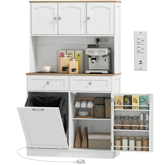 68 Inch Pantry Cabinet with Charging Station, Microwave Stand, Trash Can, White Kitchen Pantry Cabinets White, Oak at Gallery Canada