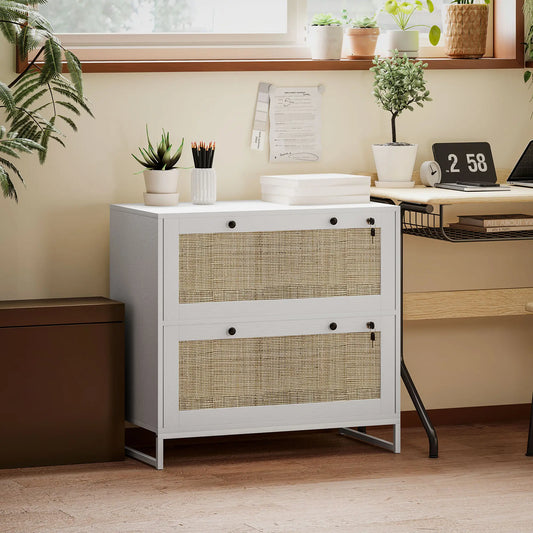 2-Drawer Filing Cabinet with Lock, Rattan, Adjustable Hanging Bar, White Office Cabinets & Cupboards White, Natural at Gallery Canada