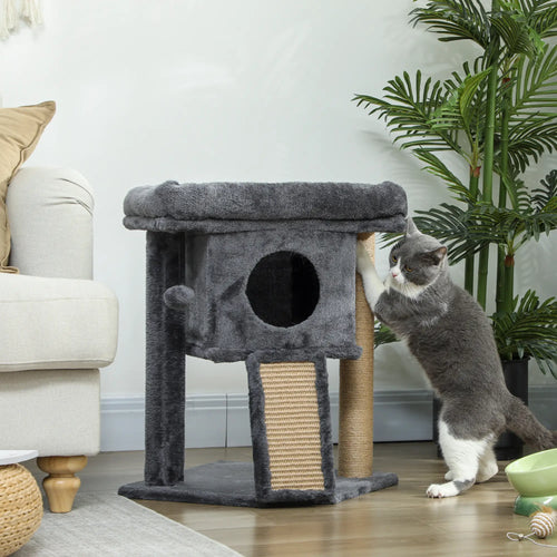 Small Cat Tree Tower with Perch, Scratching Post, Condo, Toy Ball, Dark Grey