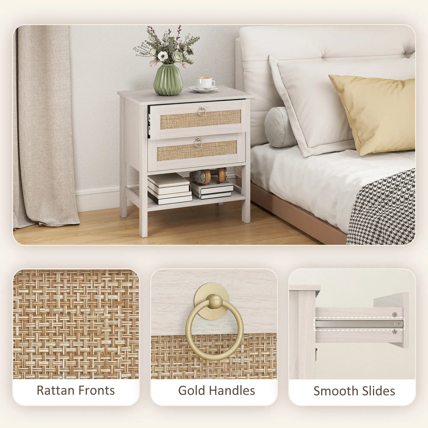 Set Of 2 Rattan Nightstands, 2 Drawers, Storage Shelf, White Oak Bedside Tables at Gallery Canada