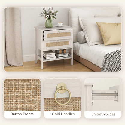 Set Of 2 Rattan Nightstands, 2 Drawers, Storage Shelf, White Oak Bedside Tables at Gallery Canada