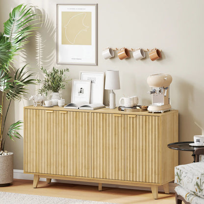 Fluted Sideboard Buffet, 55" Coffee Bar Cabinet, 4 Doors, 2 Shelves, Nature Wood Storage Cabinets at Gallery Canada