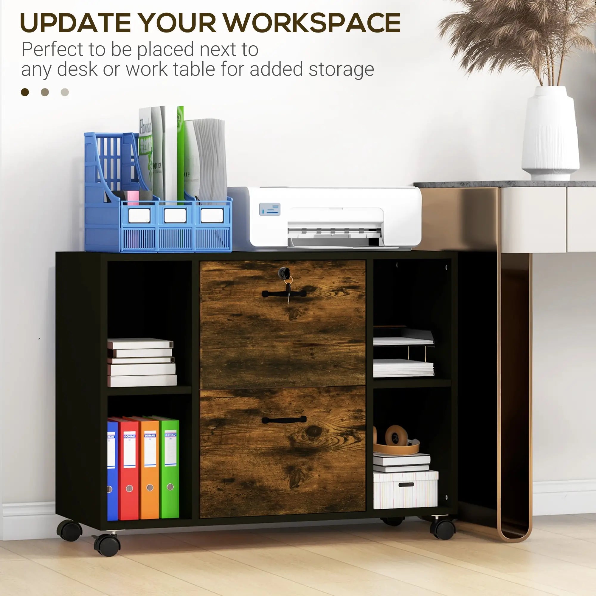 Lateral Filing Cabinet with Wheels, Lockable Drawer, Open Shelves, Rustic Brown Office Cabinets & Cupboards at Gallery Canada