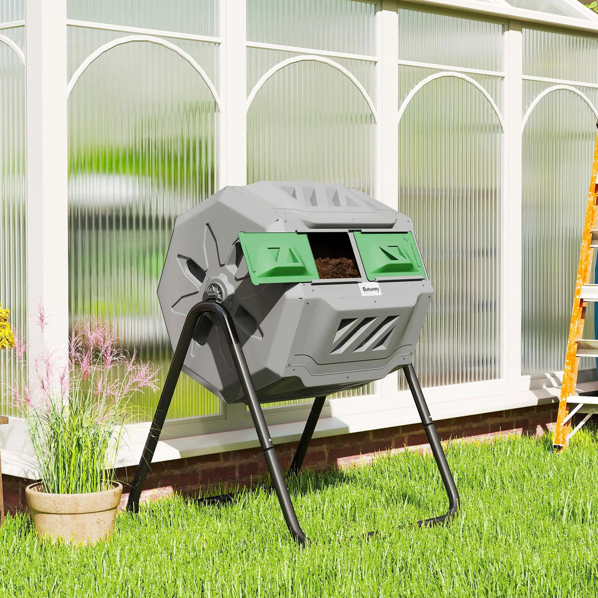 Dual Chamber 43 Gallon Compost Bin, 360 Rotating, Dark Green