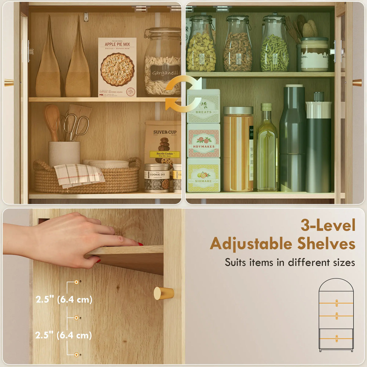 71" Tall Arched Kitchen Pantry Cabinet, Adjustable Shelves, Acrylic Doors, Oak Kitchen Pantry Cabinets at Gallery Canada