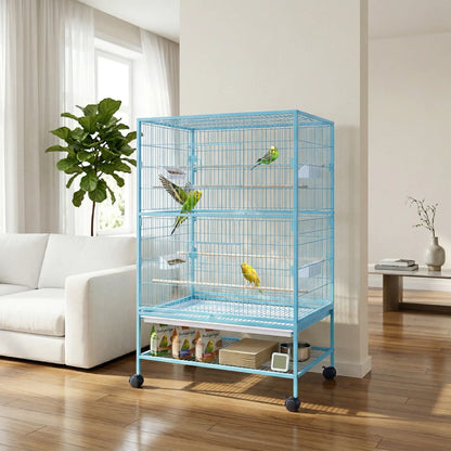 52'' Large Rolling Steel Bird Cage Bird House with Rolling Stand, Storage Shelf, Wood Perch, Food Container, Light Blue Bird Cages at Gallery Canada