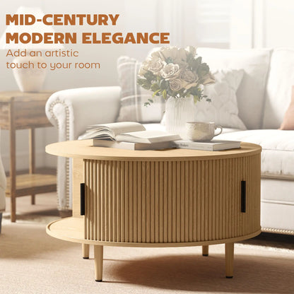 31.5" Round Coffee Table, Storage, Sliding Door, Natural Coffee Tables at Gallery Canada