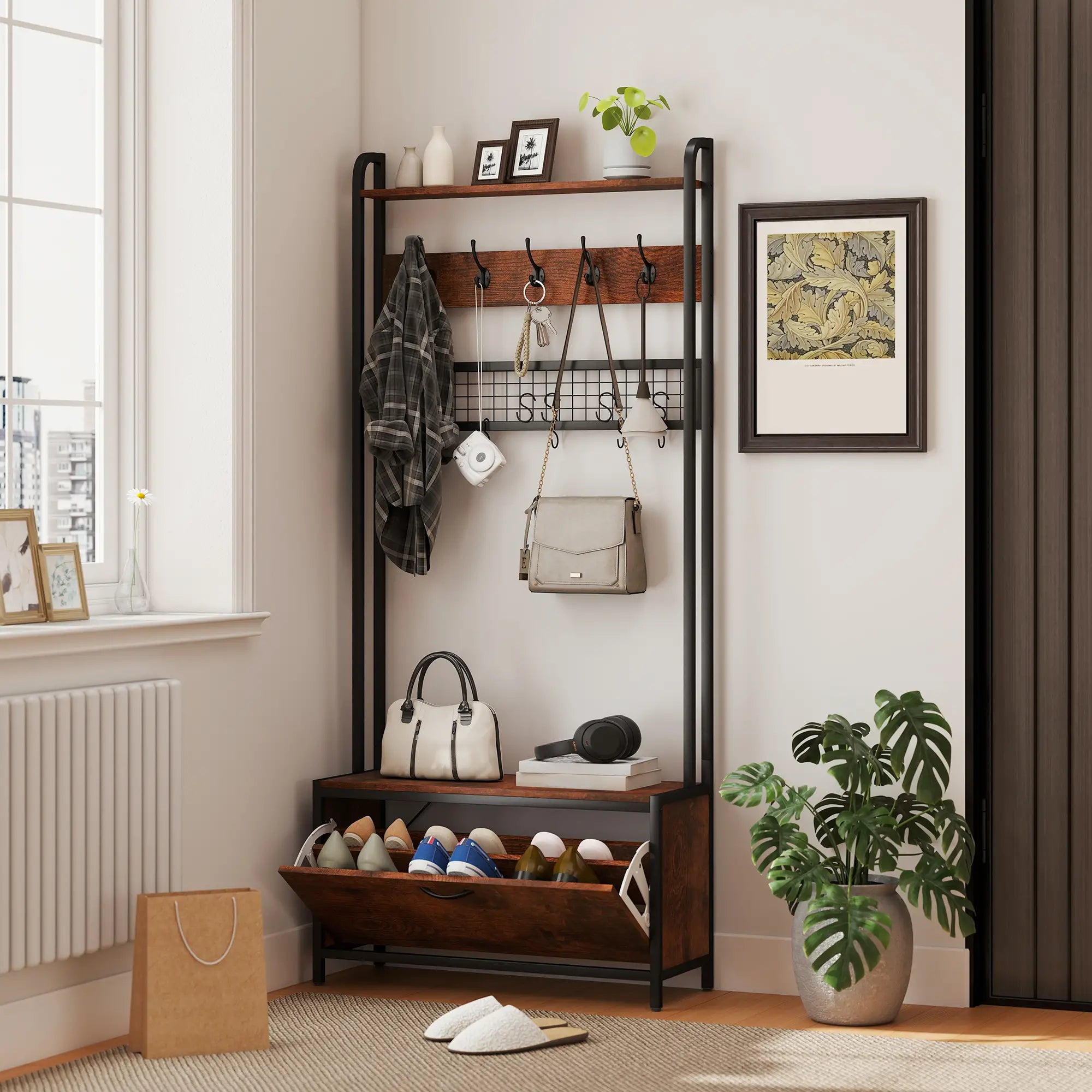 5-In-1 Coat Rack Shoe Bench, Hall Tree with Bench, 10 Hooks, Rustic Brown Clothing Storage at Gallery Canada