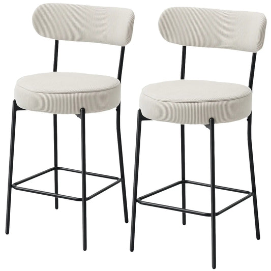 Set of 2 Upholstered Corduroy Barstools with Backrest, Footrest, Cream White Bar Stools Cream at Gallery Canada