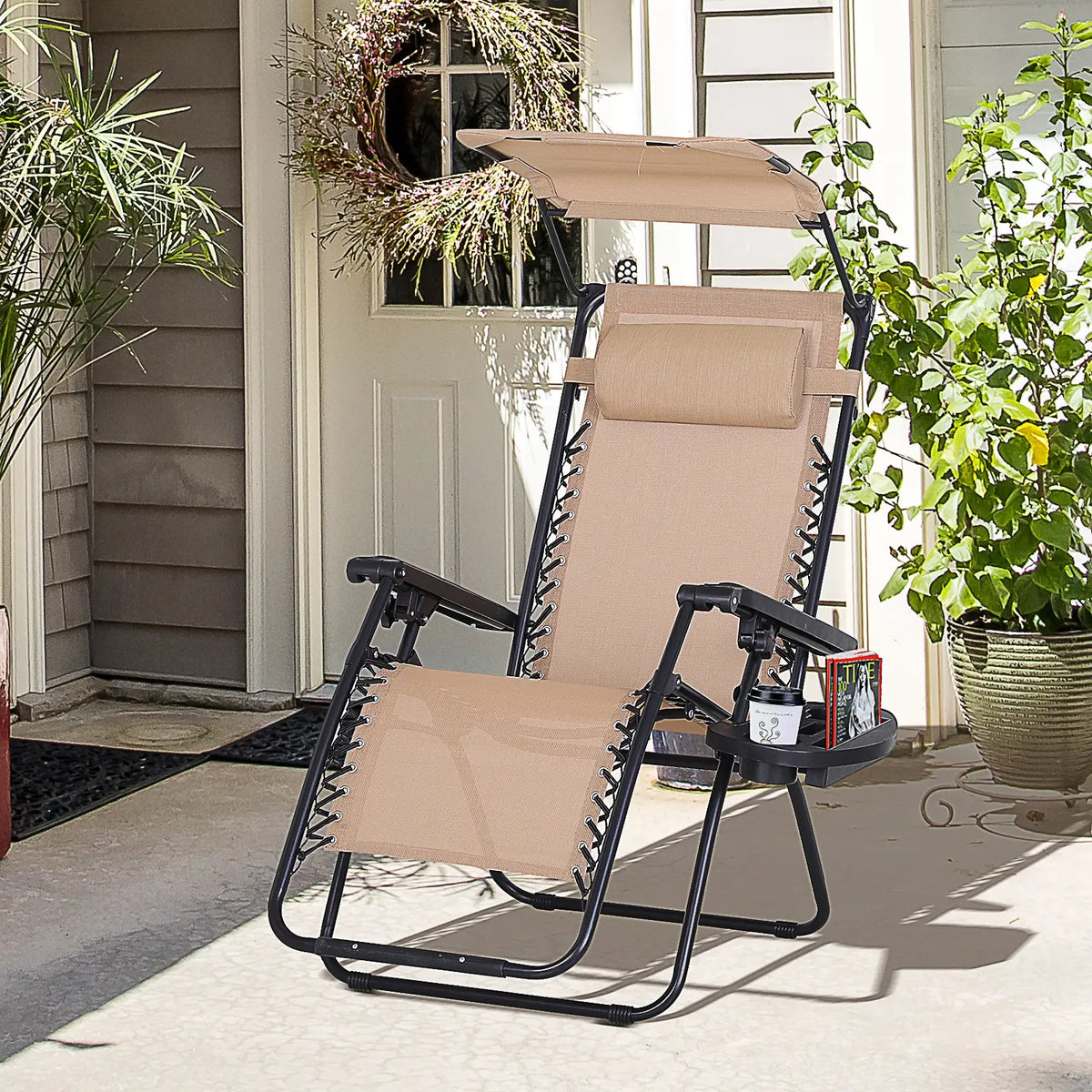 Zero Gravity Reclining Lounger Chair, Canopy Shade, Side Tray, Cupholder, Beige Lounger Chairs at Gallery Canada