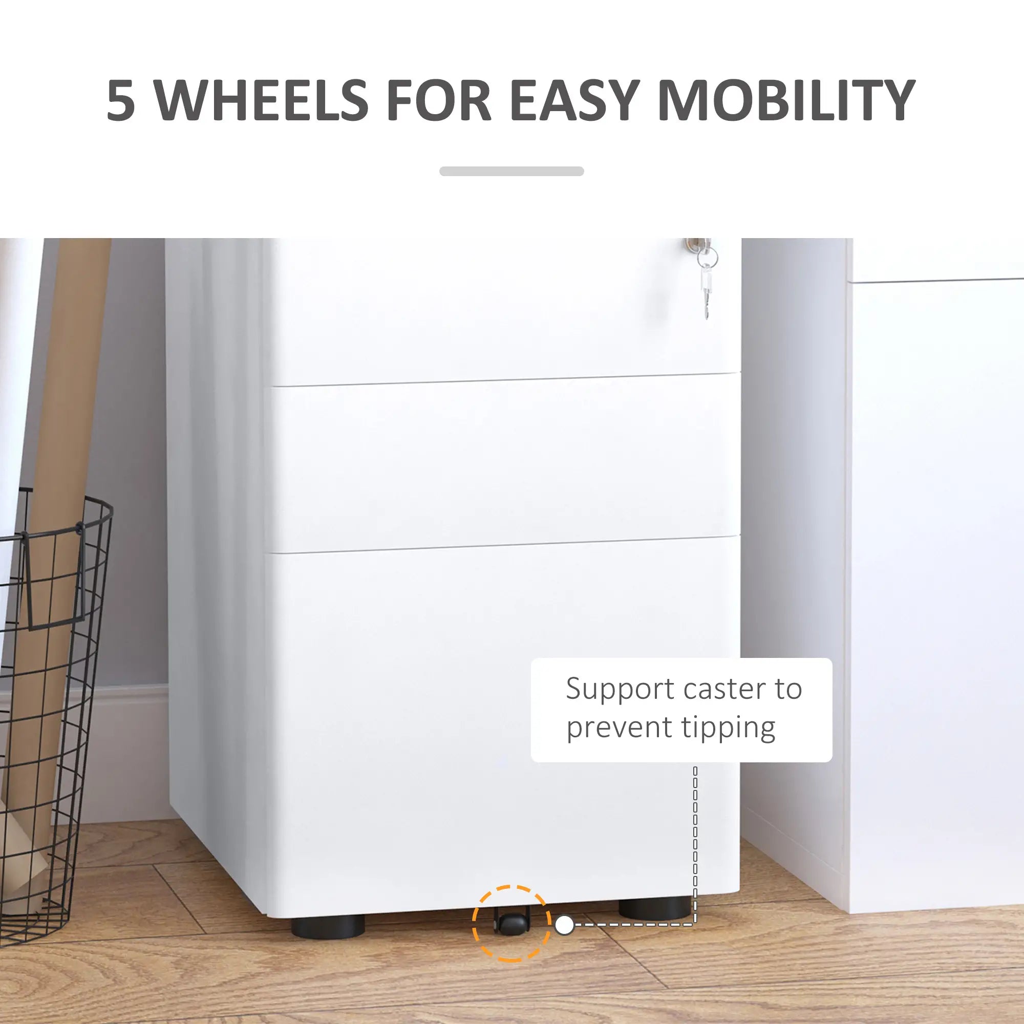 3 Drawer Filing Cabinet, Steel Office Storage with Wheels, Lock, White Office Cabinets & Cupboards at Gallery Canada