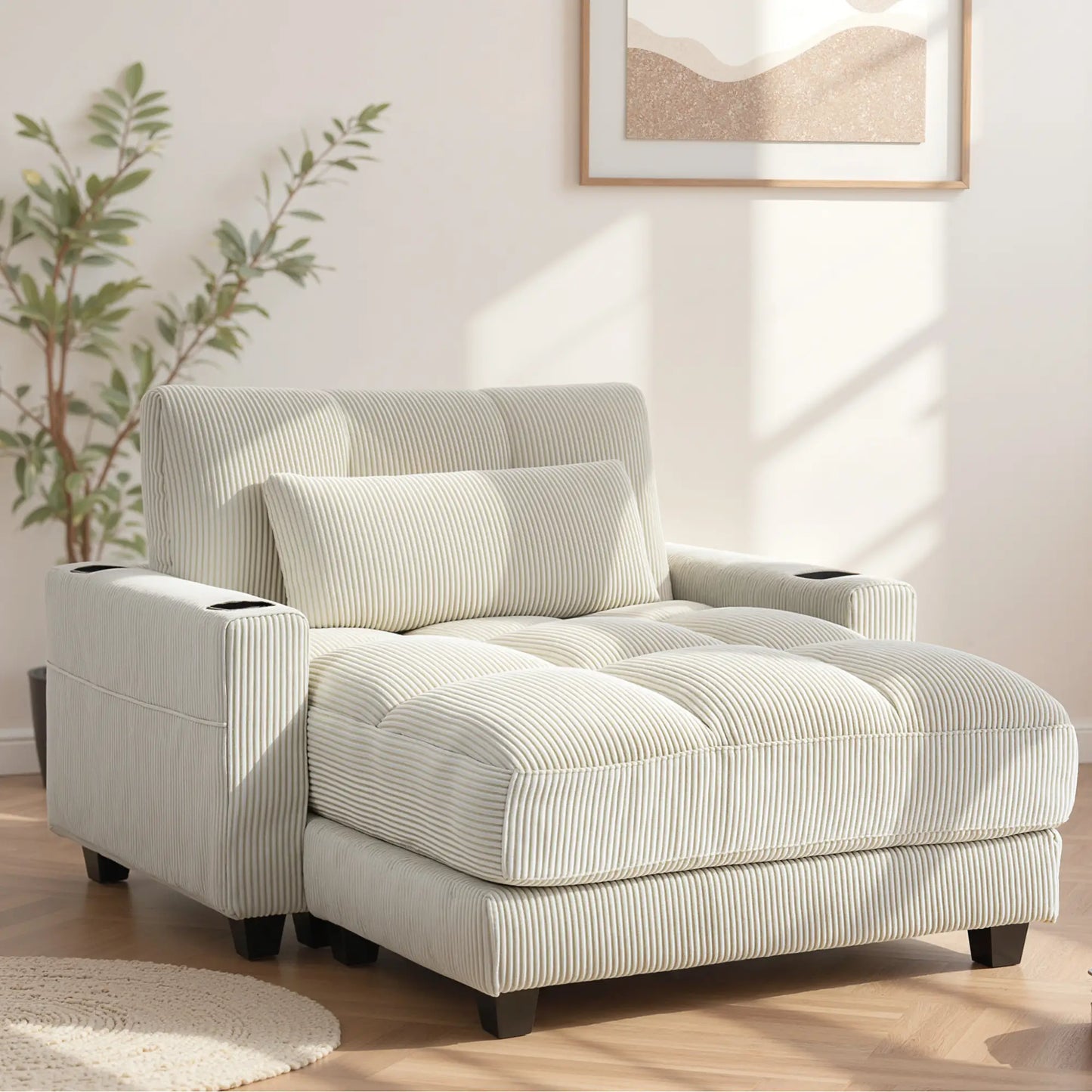 58" Corduroy Chaise Lounge Sofa Bed With Cup Holders, Cream White Sofas & Reclining Chairs at Gallery Canada