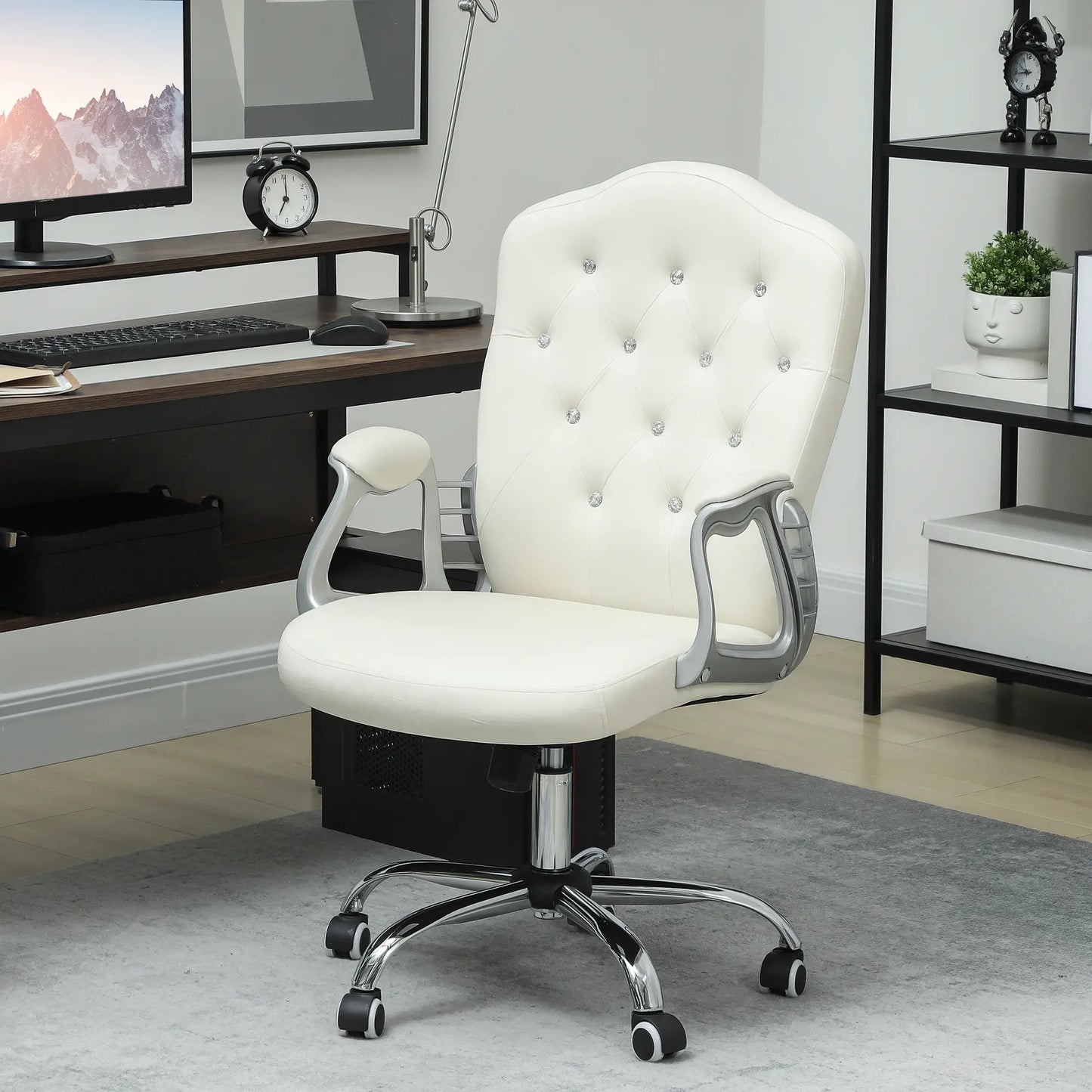 Vanity Office Chair, Velvet Computer Desk Chair with Swivel Wheels, Adjustable Height, Tilt Function, Off-White Task Chairs at Gallery Canada