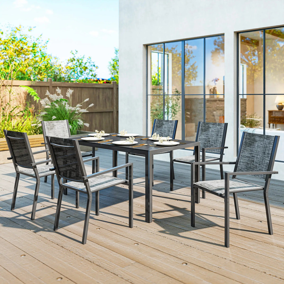 7-Piece Outdoor Dining Set, 6 Stackable Chairs, Rectangle Table, WPC Slatted Top Outdoor Dining Sets at Gallery Canada