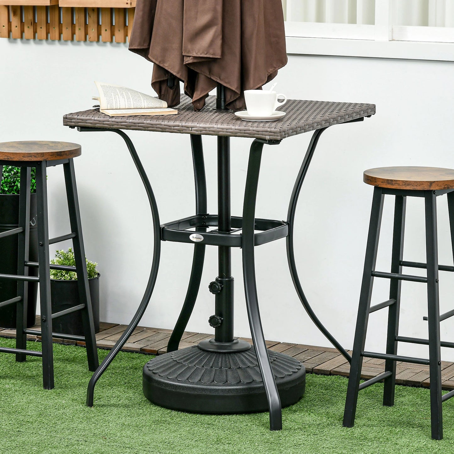 Wicker Dining Table, 34 Inch, Outdoor PE Rattan, Umbrella Hole, Light Grey Patio Side Tables at Gallery Canada