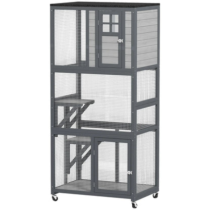 74" Wooden Outdoor Cat House, Weatherproof, Wheeled, Light Grey Outdoor Cat Enclosures Dark Grey, Light Grey, Black at Gallery Canada