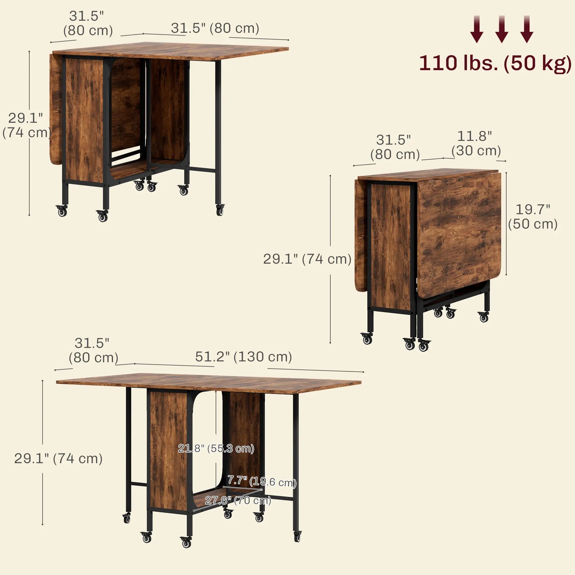 Folding Dining Table, Extendable Kitchen Table, Rustic Brown, 6 Wheels, Brown Dining Tables at Gallery Canada