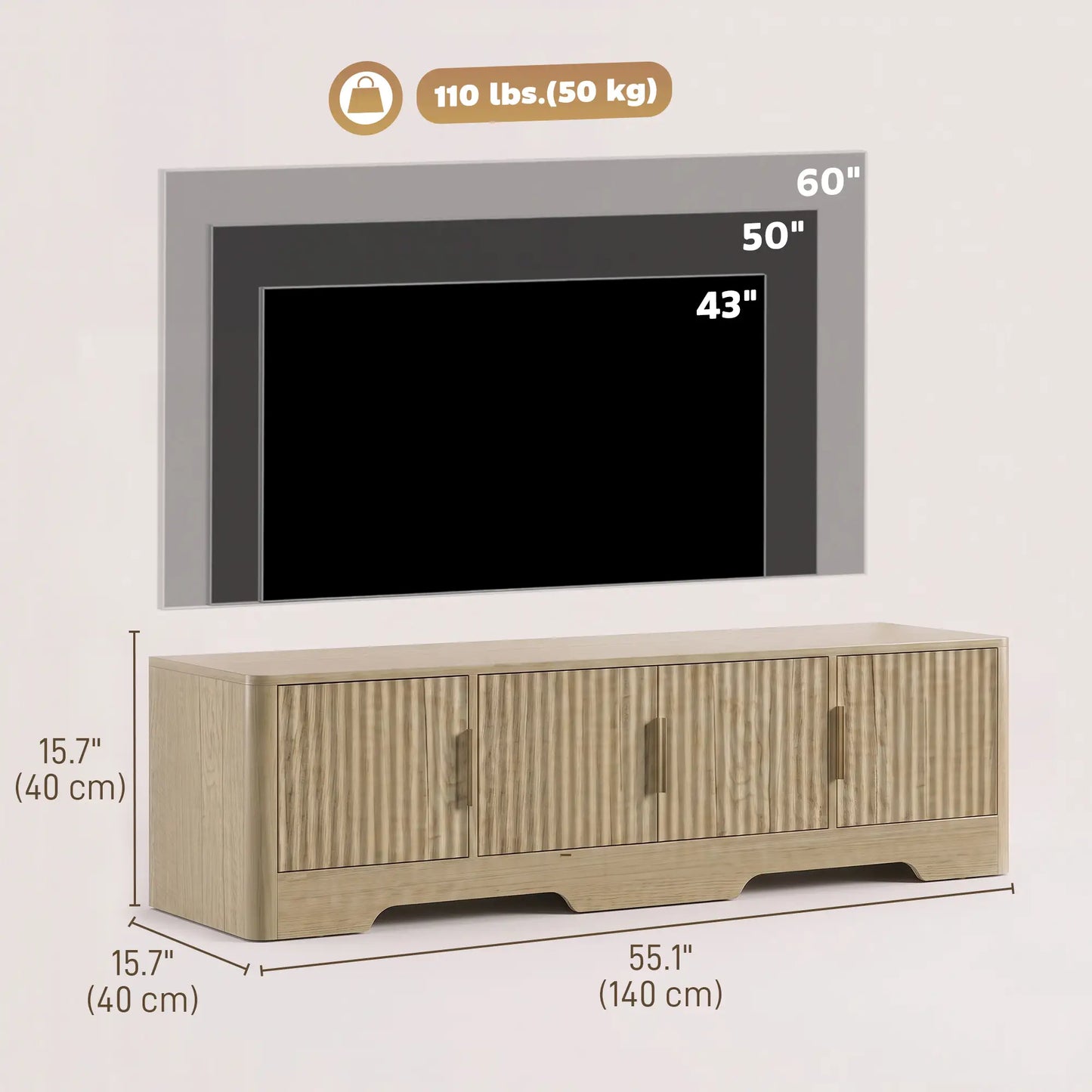 TV Stand for TVs up to 60", Modern Entertainment Center with Fluted Doors for Living Room, Oak