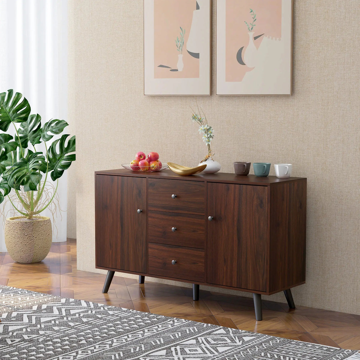 Kitchen Storage Sideboard, Buffet Cabinet, 2 Cupboard, 3 Drawers, Adjustable Shelves, Rustic Brown Bar Cabinets at Gallery Canada