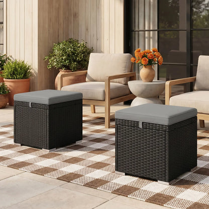 2 Wicker Outdoor Ottomans with Storage, Removable Cushion, Grey Patio Furniture Sets at Gallery Canada