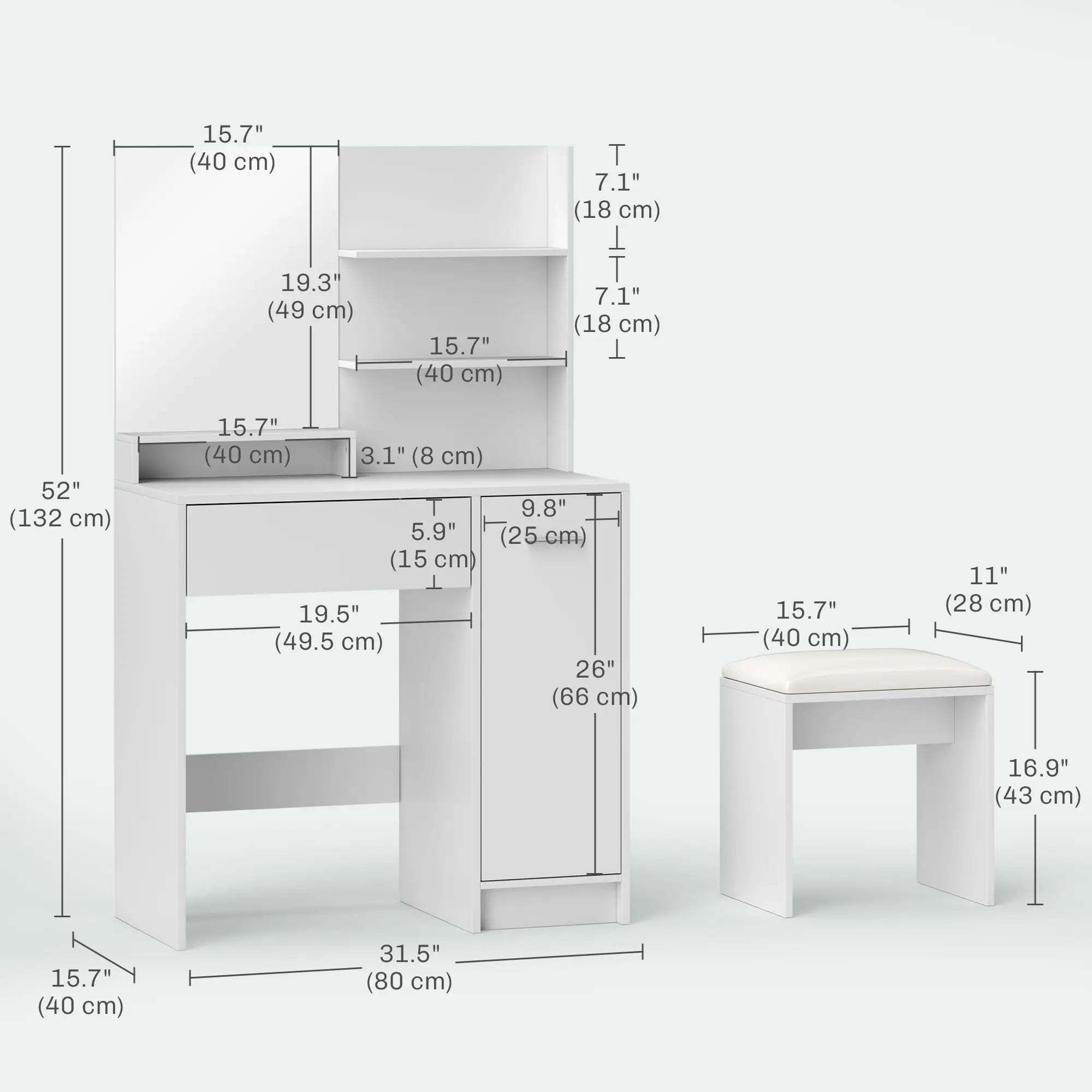 Vanity Set with Mirror, Stool, Storage Drawer, White Dressing & Vanity Tables at Gallery Canada