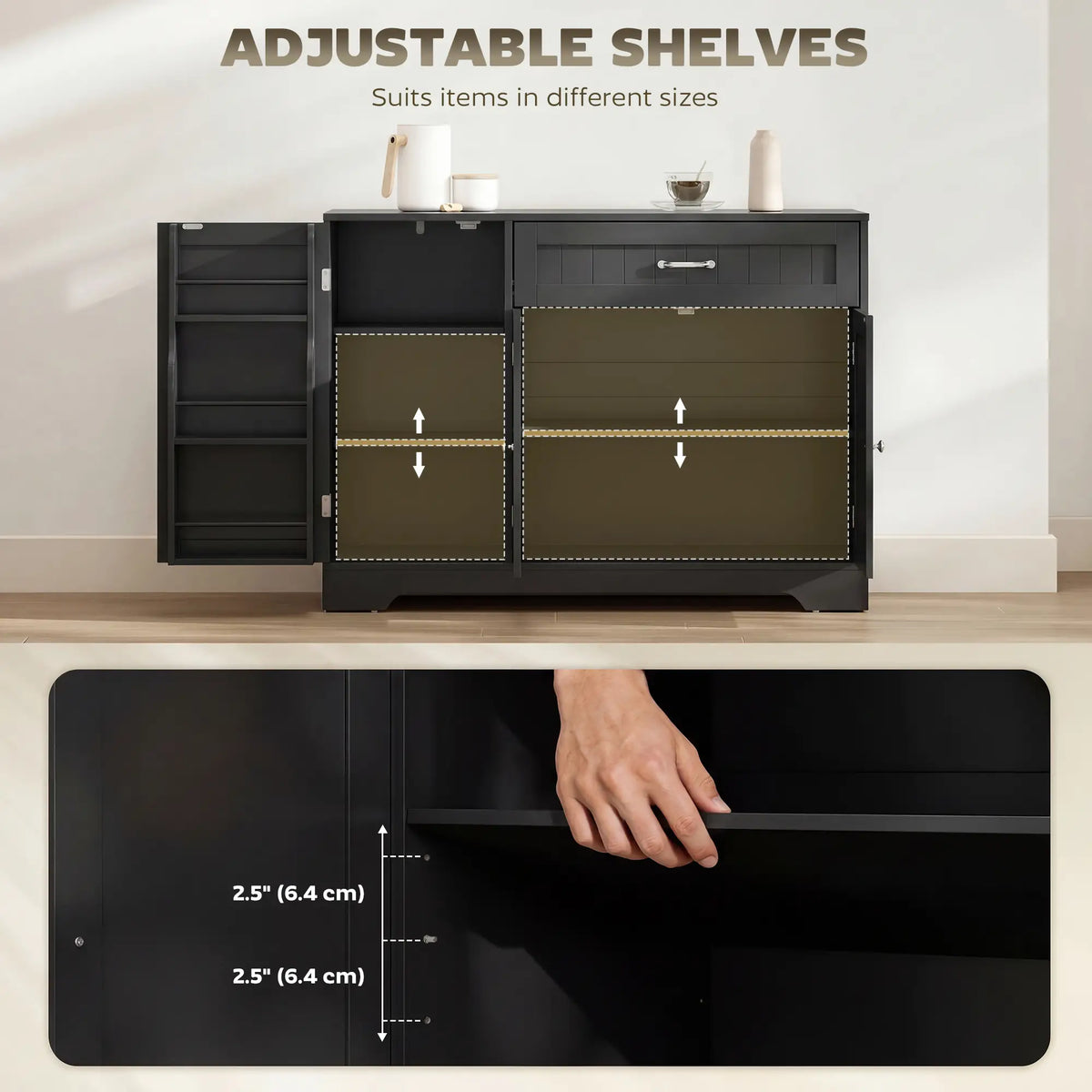 44" Modern Kitchen Cabinet with Drawer, Adjustable Shelves, Black Bar Cabinets at Gallery Canada