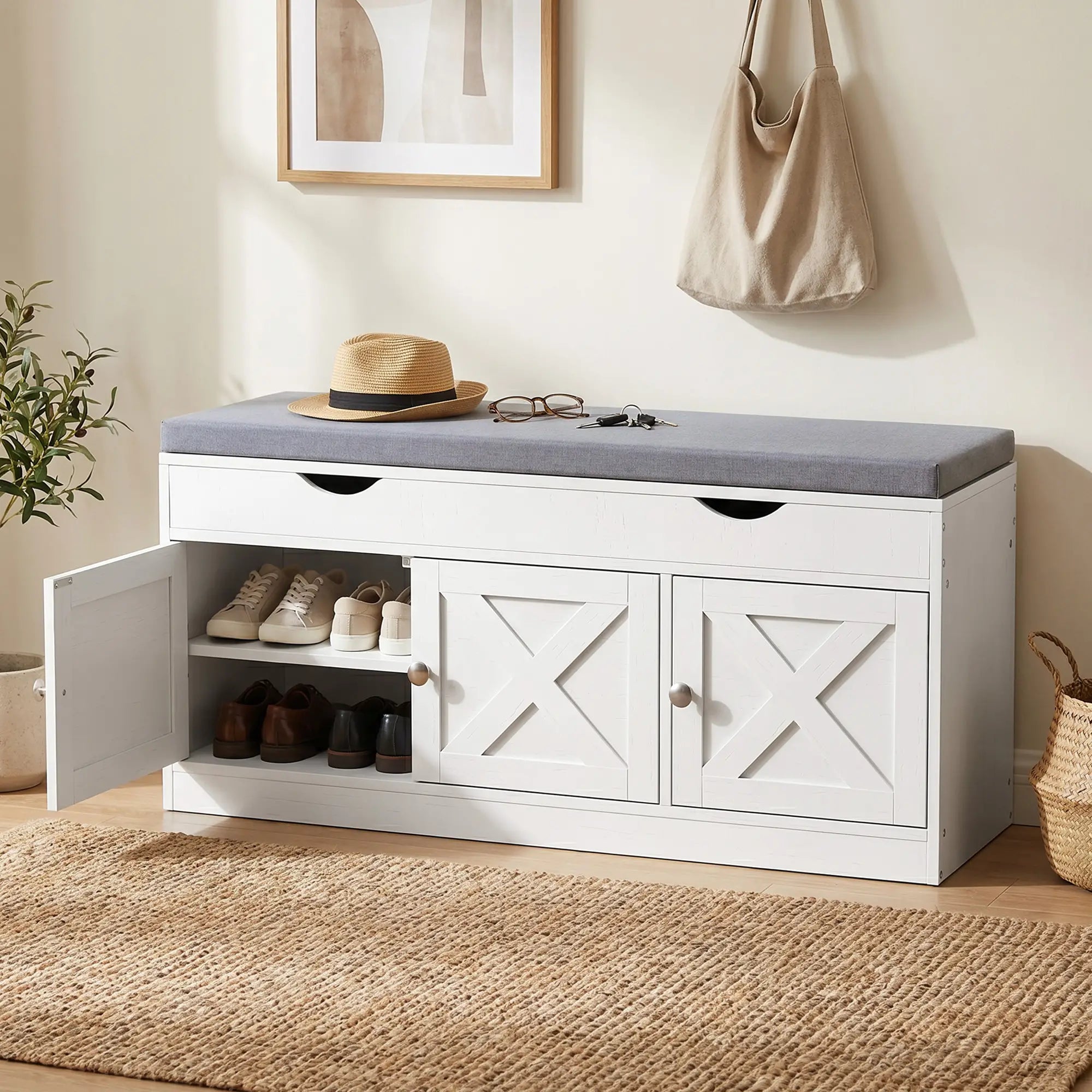 3-Door Shoe Bench with Cushion, Adjustable Shelves, White Shoe Storage Cabinets & Racks at Gallery Canada