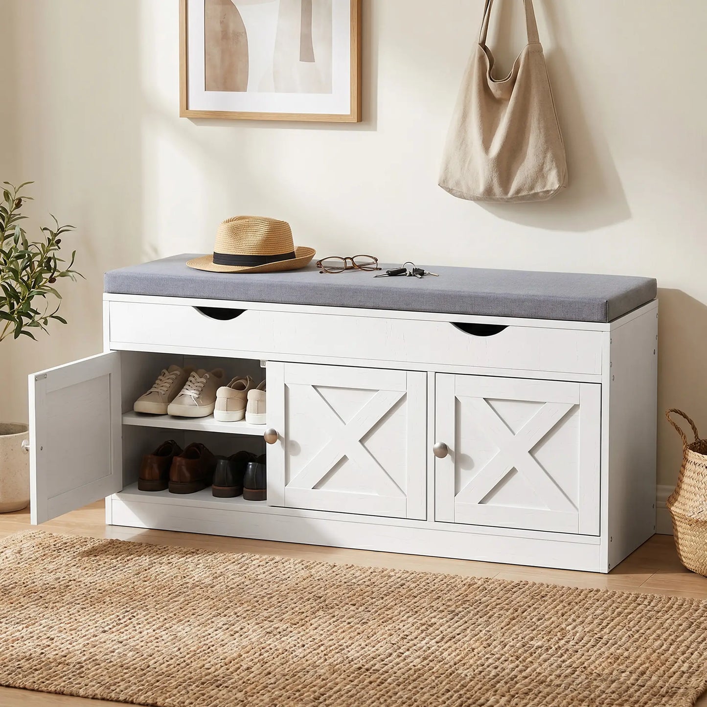 3-Door Shoe Bench with Cushion, Adjustable Shelves, White Shoe Storage Cabinets & Racks at Gallery Canada