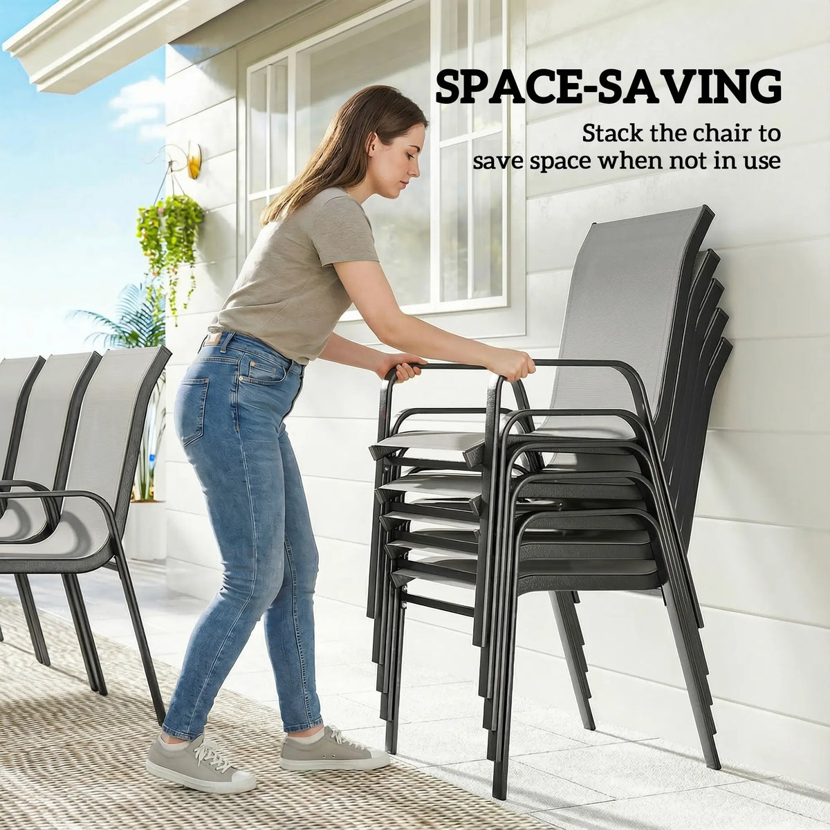 9 Piece Patio Set, Stackable Chairs, Glass Top, Light Grey Outdoor Dining Sets at Gallery Canada