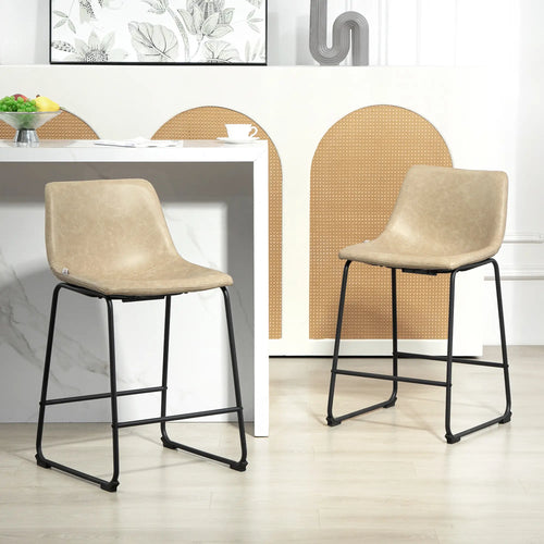 Vintage PU Leather Bar Stools Set of 2, Kitchen Stool with Footrest, Beige