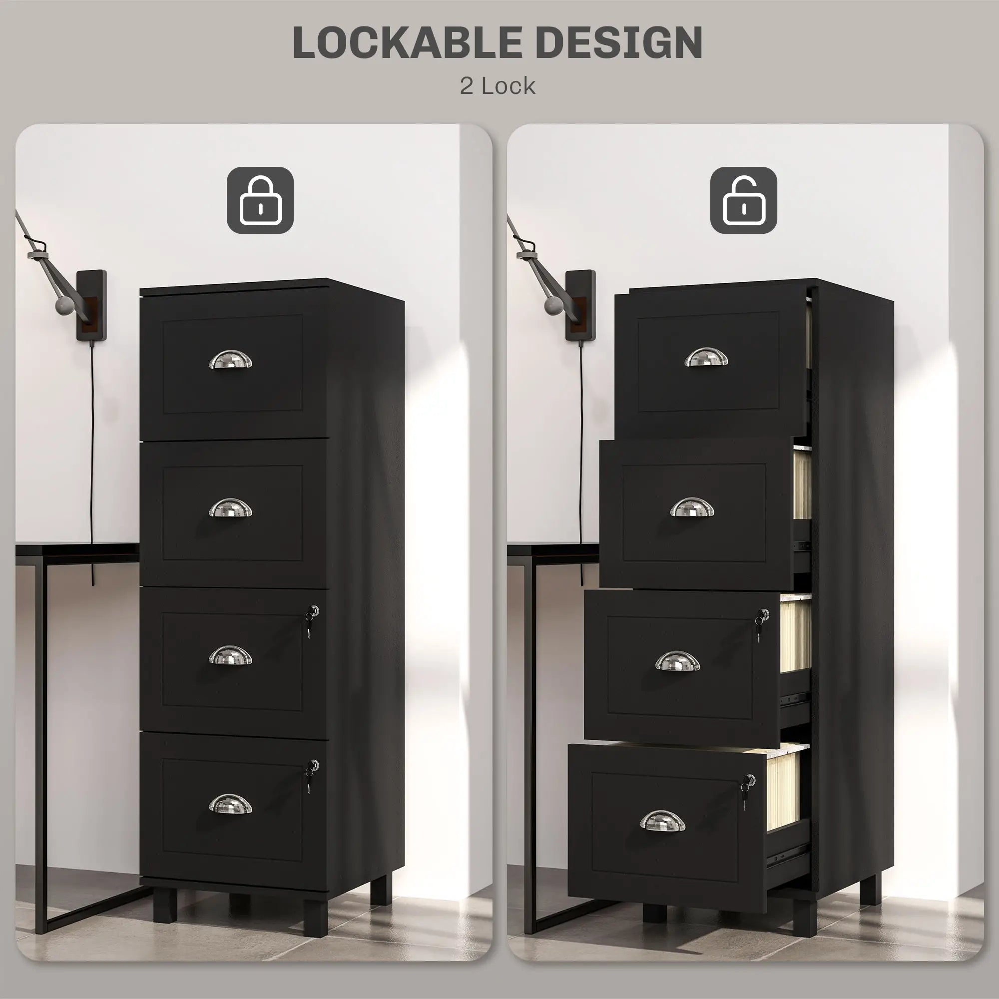 4 Drawer File Cabinet with Lock, A4 Letter Size, Black Office Cabinets & Cupboards at Gallery Canada