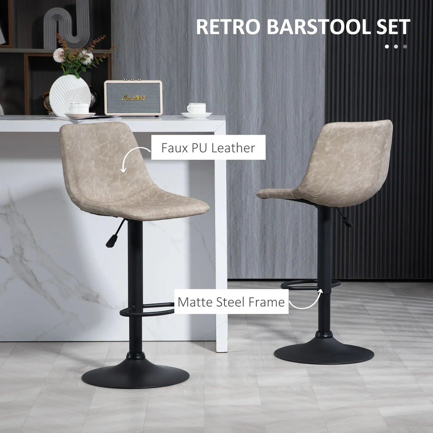 Adjustable Counter Height Bar Stools, Set of 2, 360° Swivel, Vintage Leather, Beige Bar Stools at Gallery Canada