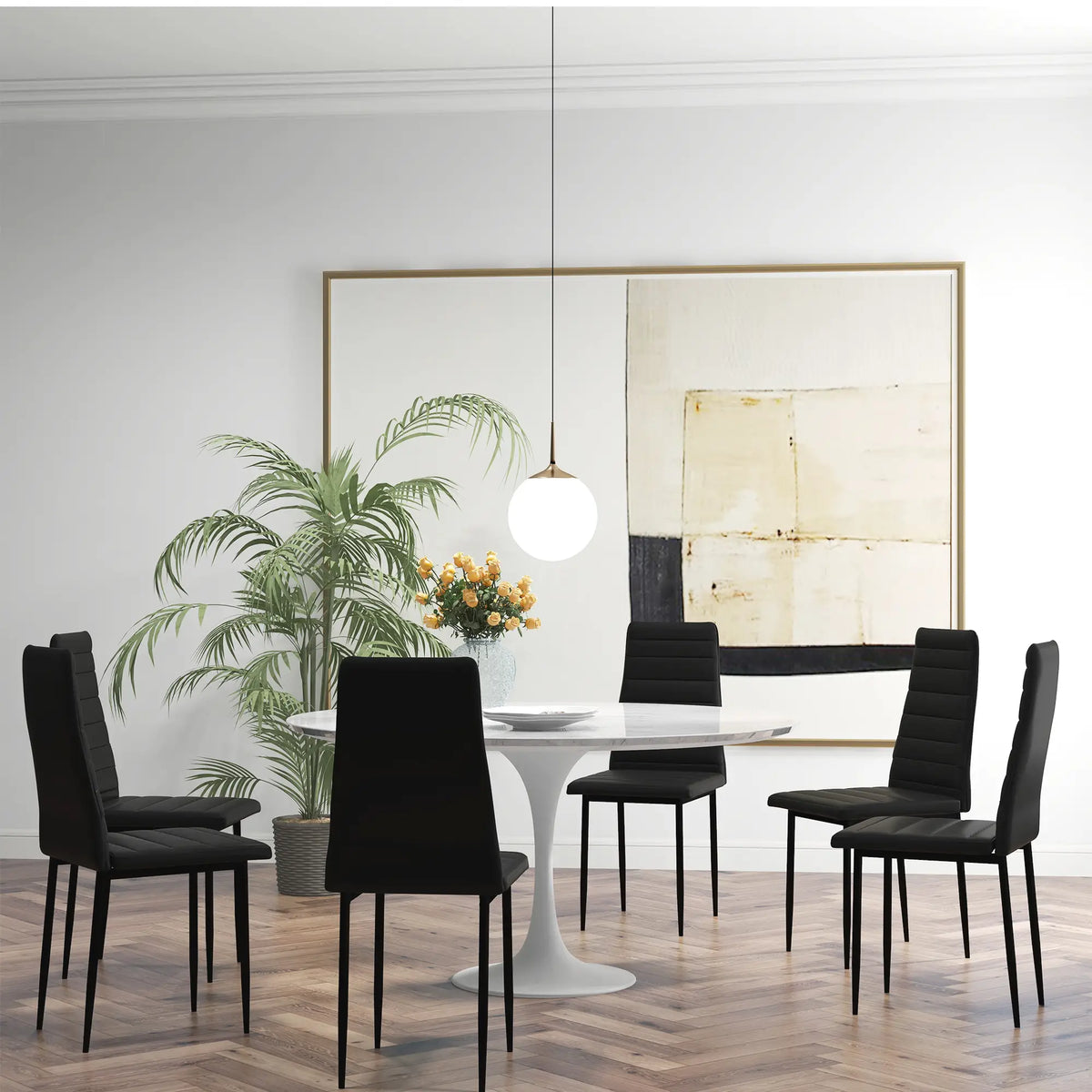Modern PU Leather Dining Chairs, Set of 6, Metal Legs, Black