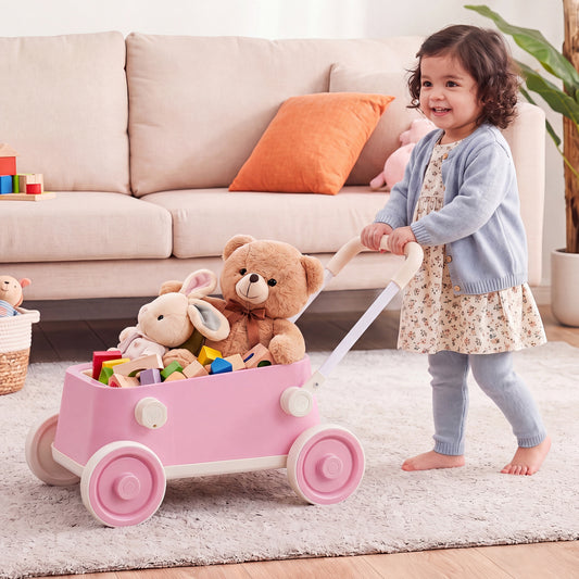 Baby Push Walker with Wheels and Foldable Handlebar and Storage Basket, Pink Baby Activity Pink at Gallery Canada