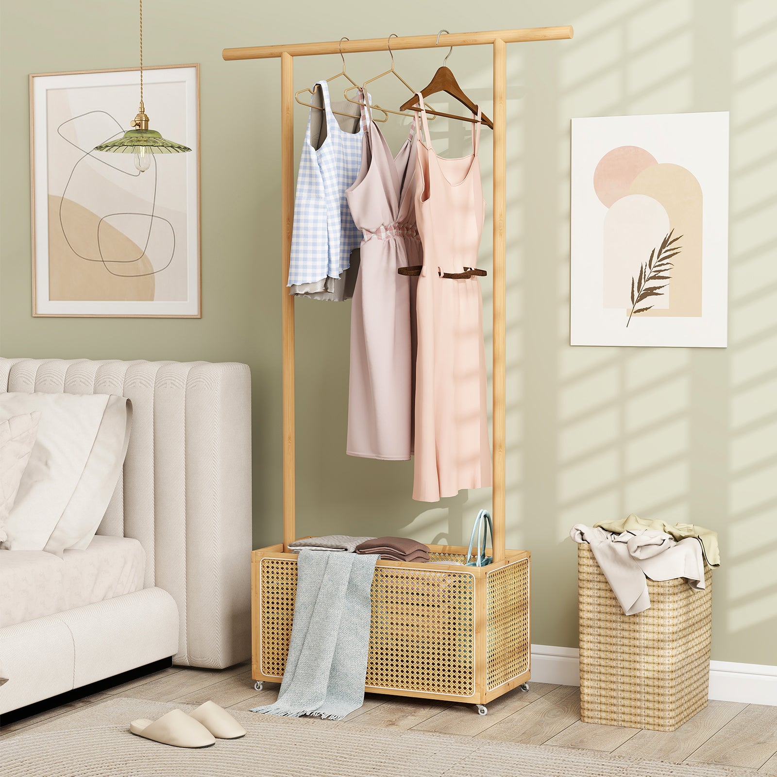 Bamboo Clothes Rack, Rattan Storage Basket, Wheels, Natural Coat Racks & Hall Trees at Gallery Canada