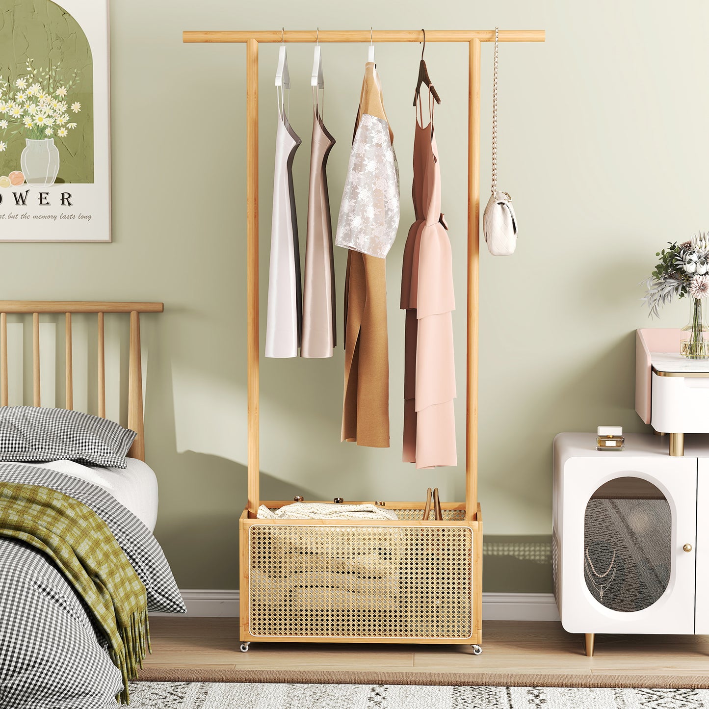 Bamboo Clothes Rack, Rattan Storage Basket, Wheels, Natural Coat Racks & Hall Trees at Gallery Canada