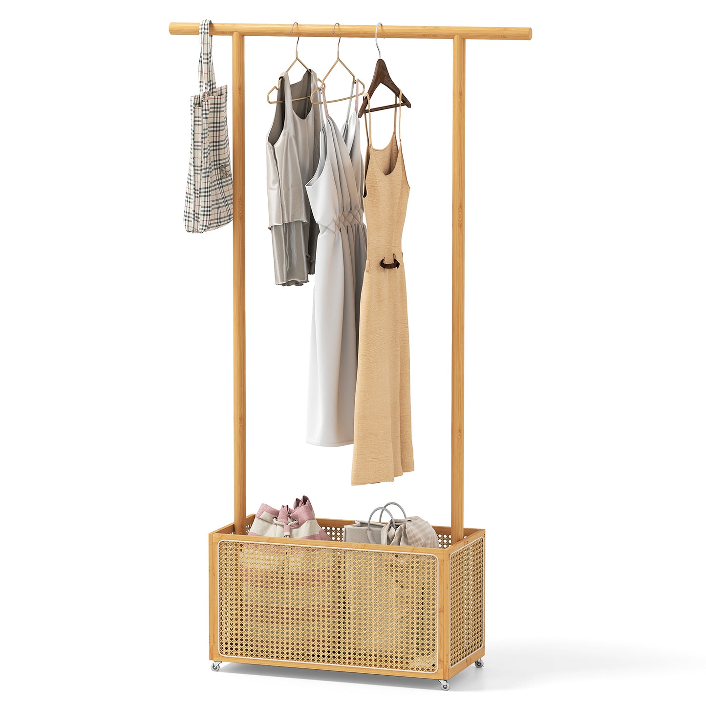 Bamboo Clothes Rack, Rattan Storage Basket, Wheels, Natural Coat Racks & Hall Trees Natural at Gallery Canada
