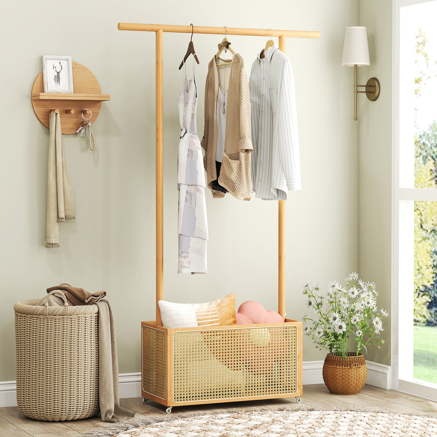 Bamboo Clothes Rack, Rattan Storage Basket, Wheels, Natural Coat Racks & Hall Trees at Gallery Canada
