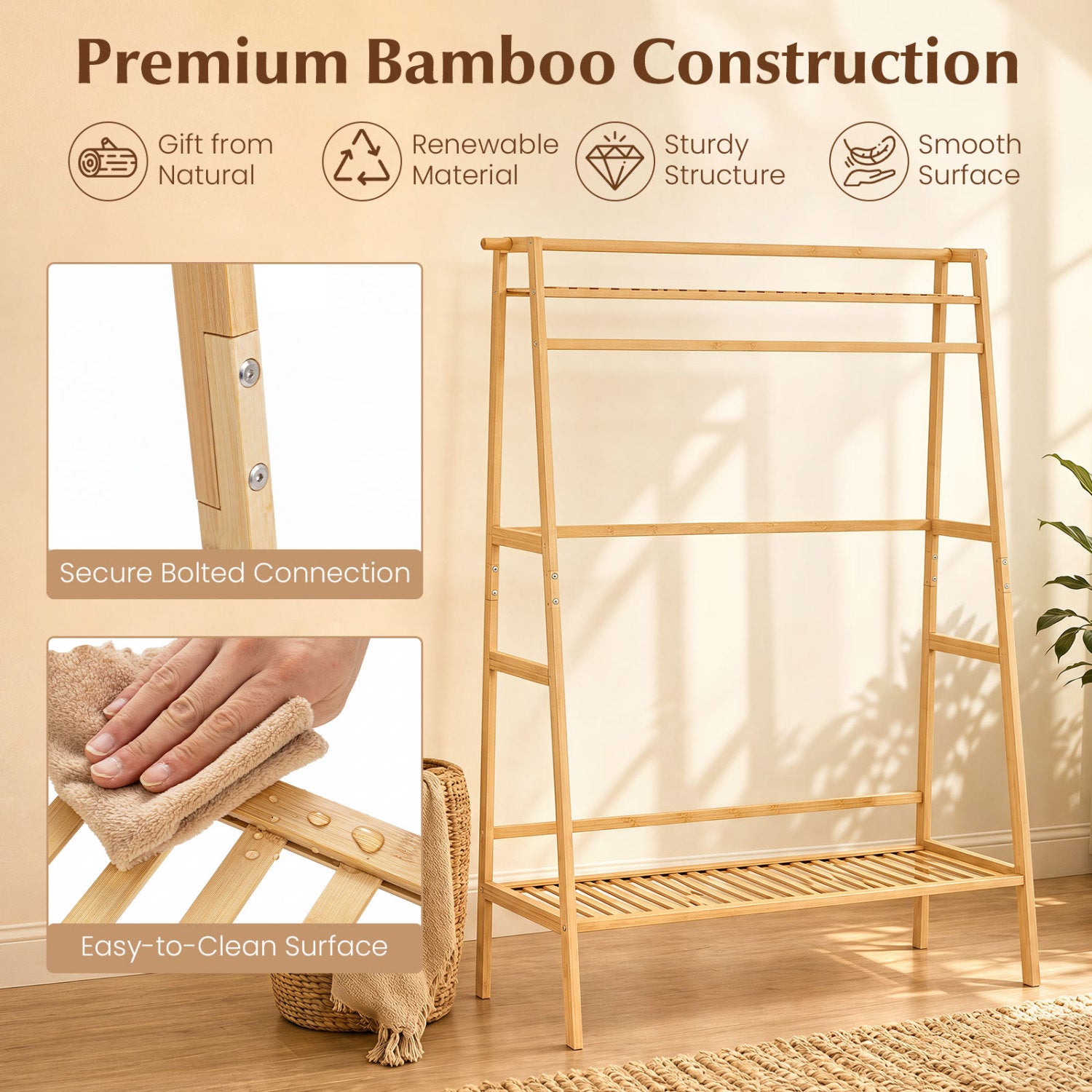 Bamboo Garment Rack, Freestanding Open Wardrobe with Hanging Rod, Natural Coat Racks & Hall Trees at Gallery Canada