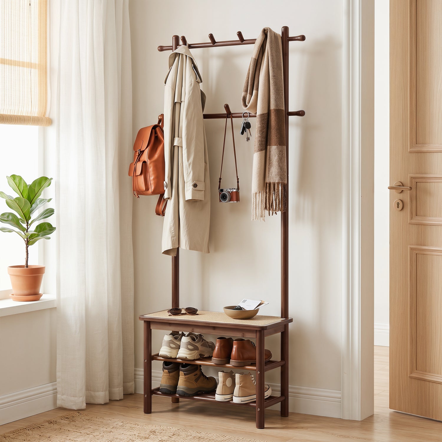 Bamboo Coat Rack With Bench, Shoe Storage, 3-In-1 Entryway, Brown Coat Racks & Hall Trees at Gallery Canada