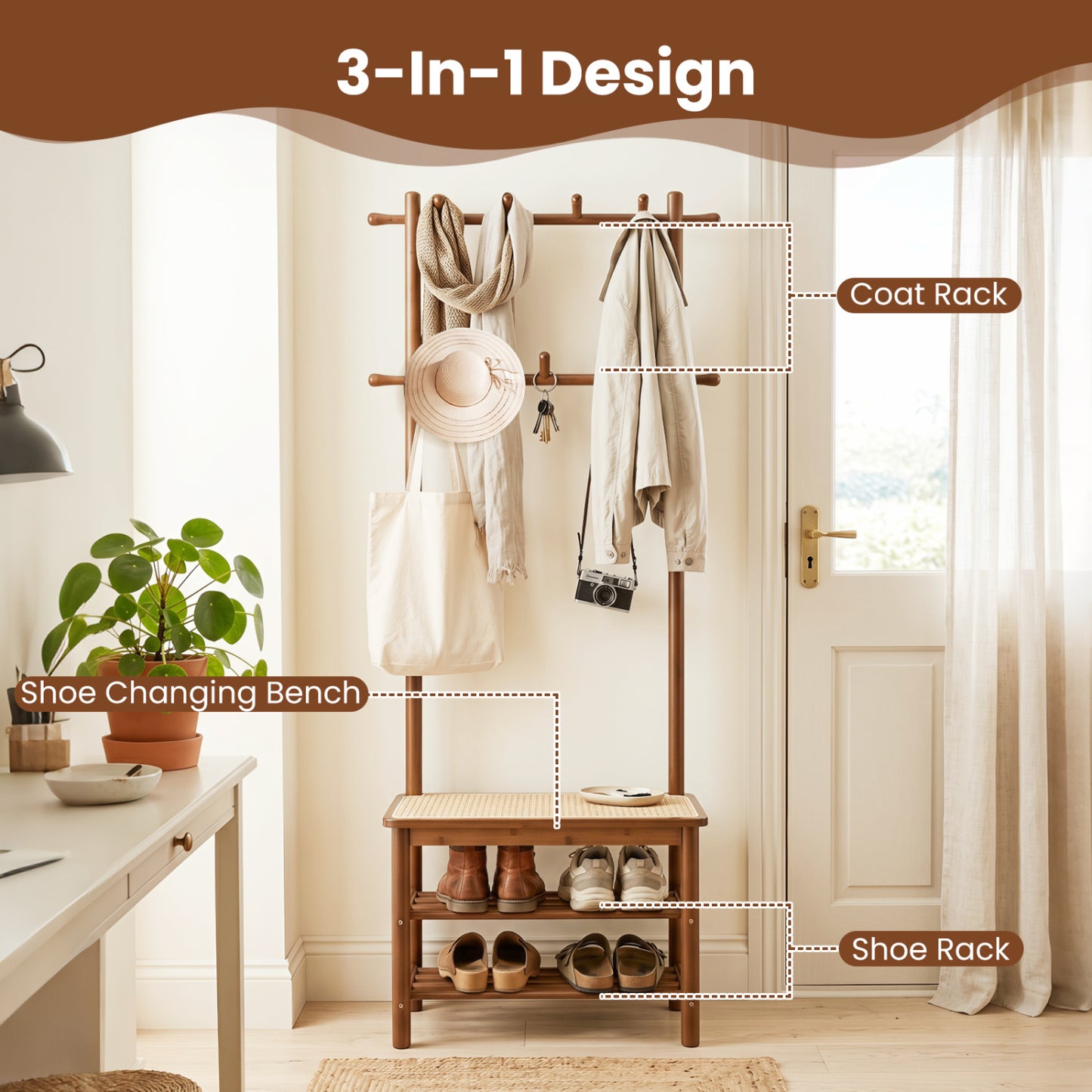 Bamboo Coat Rack With Bench, Shoe Storage, 3-In-1 Entryway, Brown Coat Racks & Hall Trees at Gallery Canada