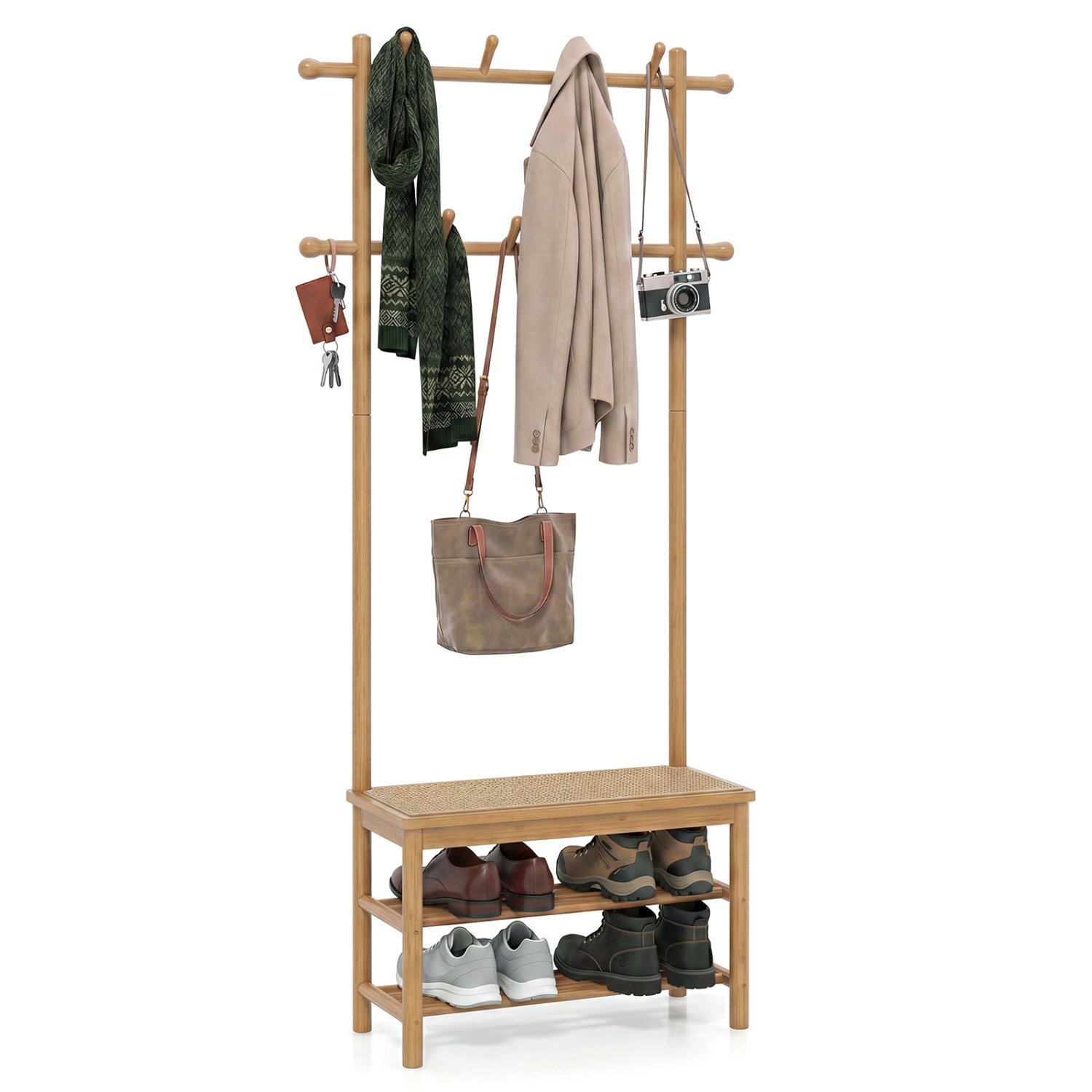 Bamboo Coat Rack With Bench, Shoe Storage, 3-In-1 Entryway, Natural Coat Racks & Hall Trees at Gallery Canada
