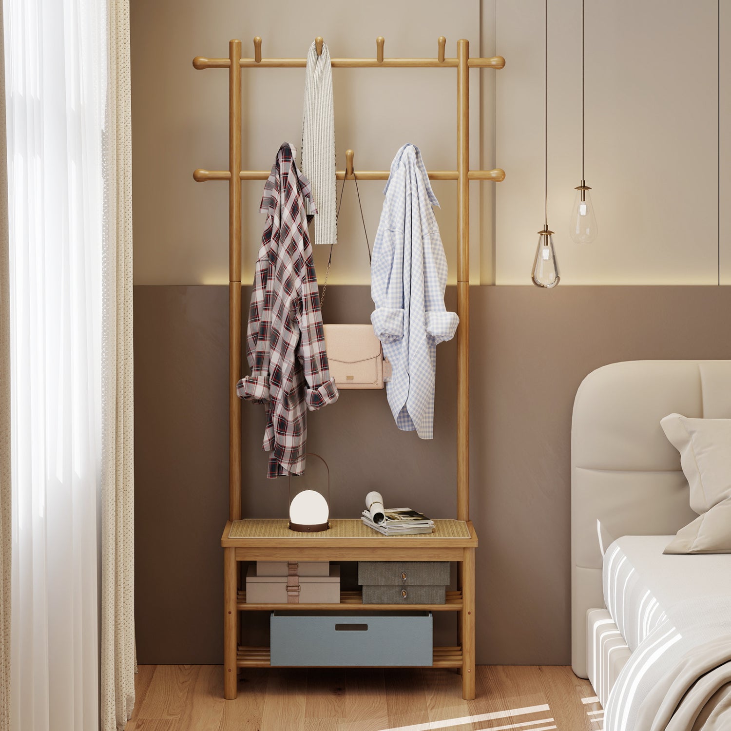 Bamboo Coat Rack With Bench, Shoe Storage, 3-In-1 Entryway, Natural Coat Racks & Hall Trees at Gallery Canada