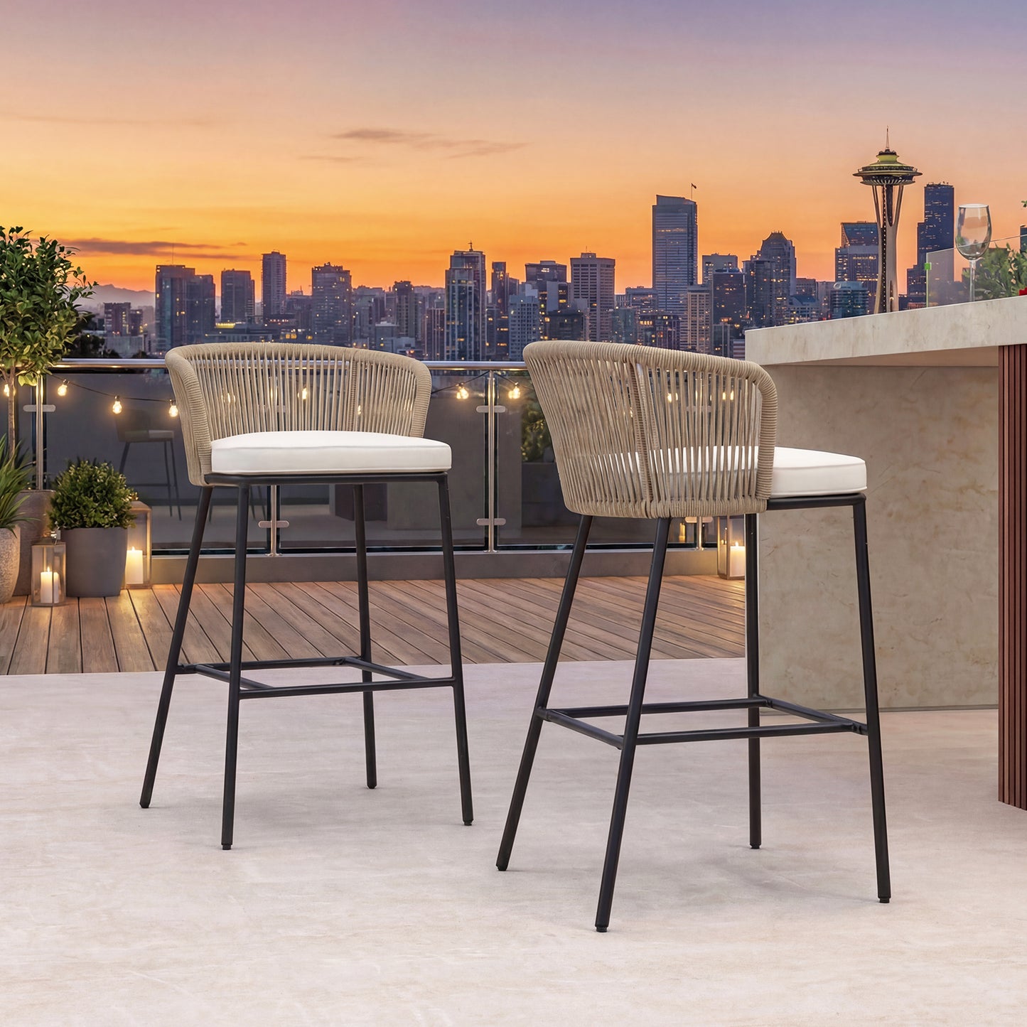 Bar Height Woven Rope Patio Chairs Set of 2, White Outdoor Seating & Patio Chairs at Gallery Canada