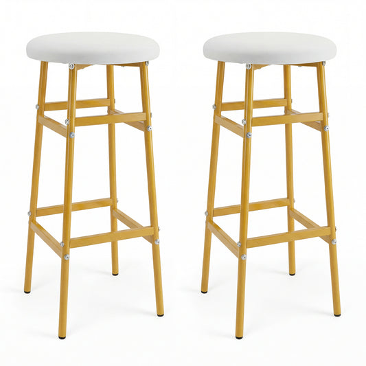 Metal Frame Bar Stools Set of 2, Golden, With Footrest, White Bar Stools White & Golden at Gallery Canada