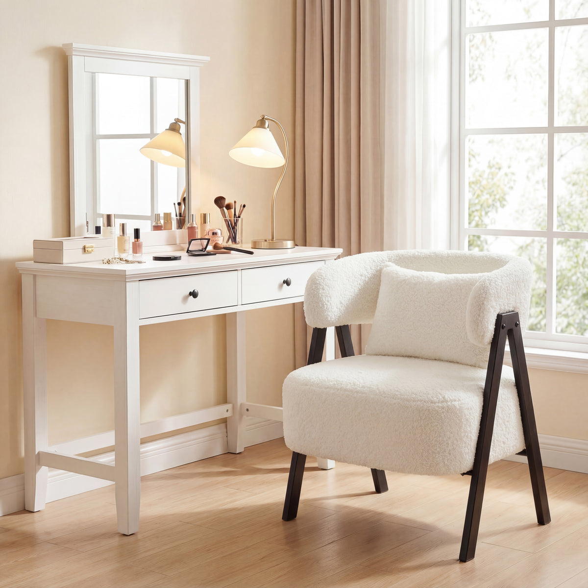 Barrel Accent Chair Faux Rabbit Fur Upholstered Armchair, White Accent Chairs at Gallery Canada