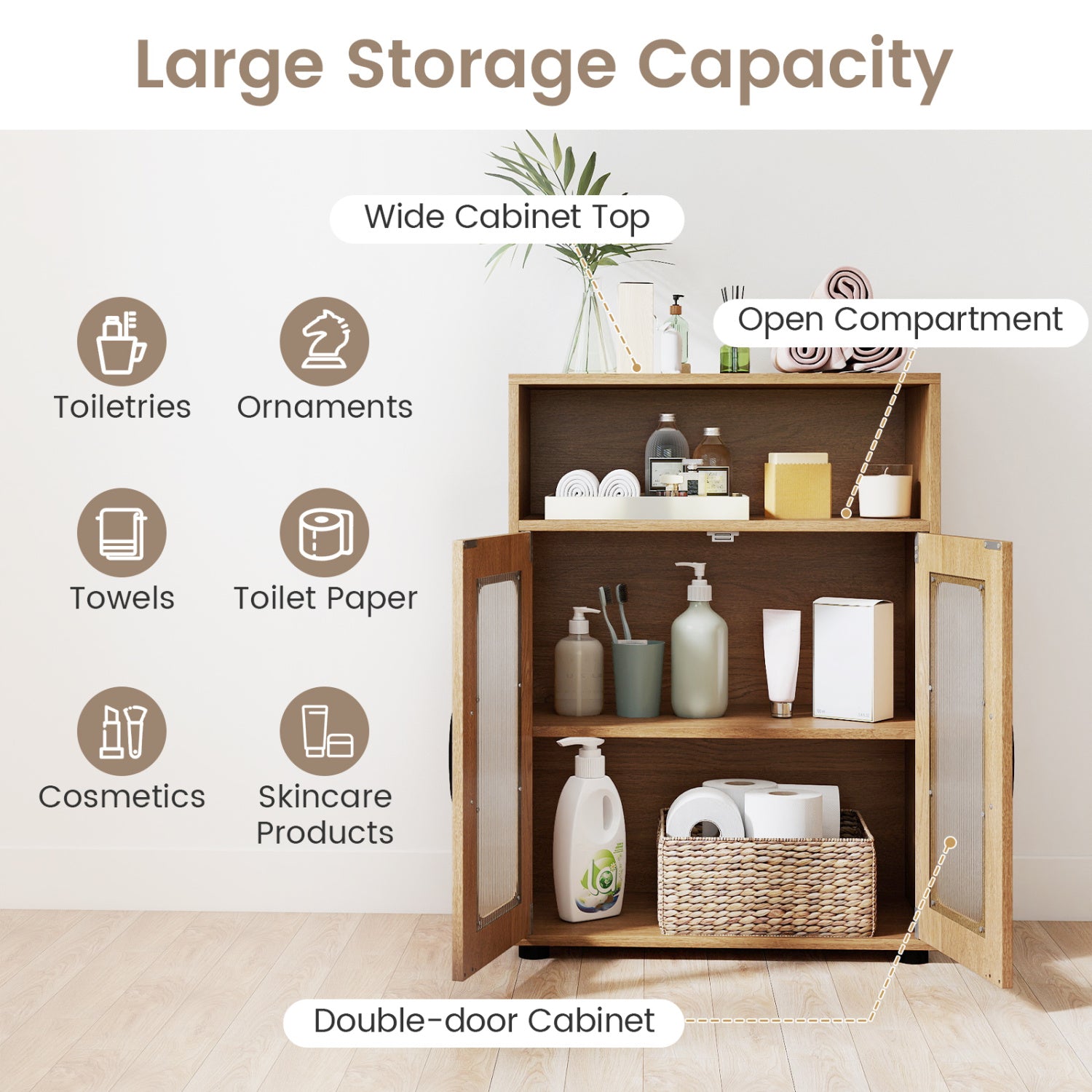 Bathroom Cabinet Freestanding Cabinet with 2 Doors and 3-Level Adjustable Shelf, Natural Floor Cabinets at Gallery Canada