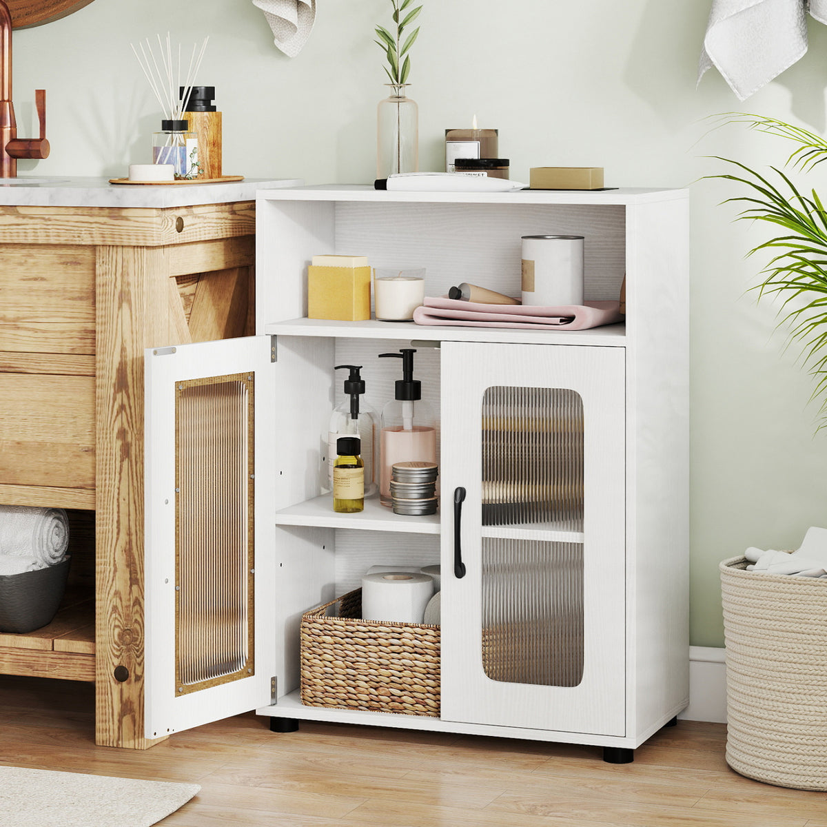 Bathroom Cabinet, 2 Doors, 3-Level Adjustable Shelf, White Floor Cabinets at Gallery Canada