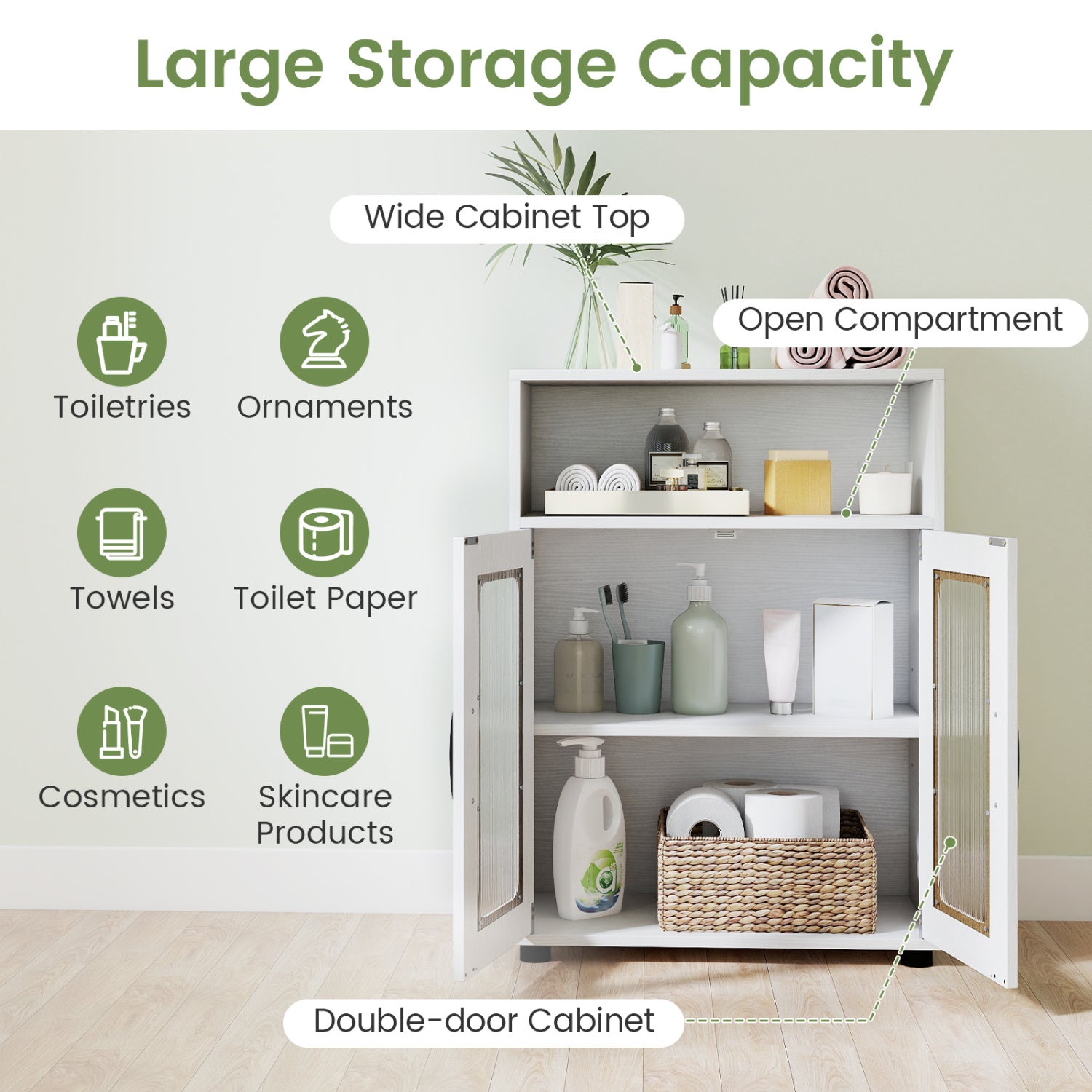 Bathroom Cabinet, 2 Doors, 3-Level Adjustable Shelf, White Floor Cabinets at Gallery Canada