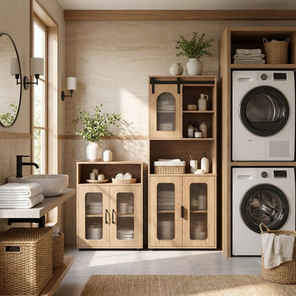 Bathroom Cabinet Set, 59 Inch Tall, 2-Door Floor, Natural
